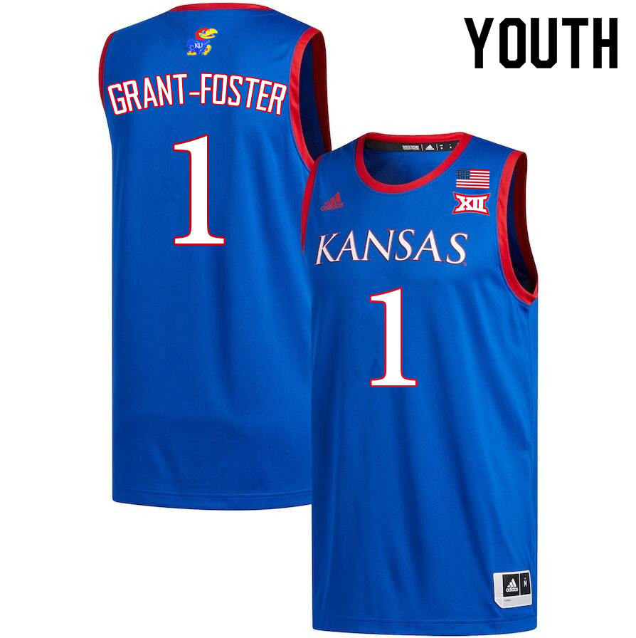Youth #1 Tyon Grant-Foster Kansas Jayhawks College Basketball Jerseys Sale-Royal - Click Image to Close